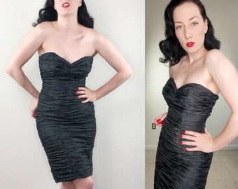 80s black cocktail dress rouched to perfect 80s does 50s style vixen pinup wiggle dress femme fatale Size Small