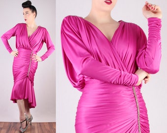 70s Hot Pink Dress with Rhinestone detail draping stretch polyester fabric sleek sexy curves dolman sleeve dramatic glamour fish tail dress