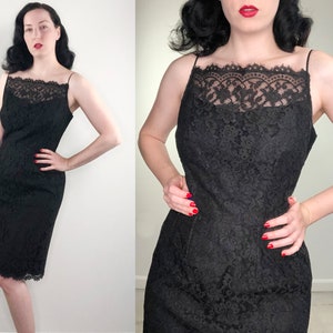 50s Black Eyelash Lace Cocktail dress LBD femme fatale delicate straps wiggle dress pinup vixen S/M