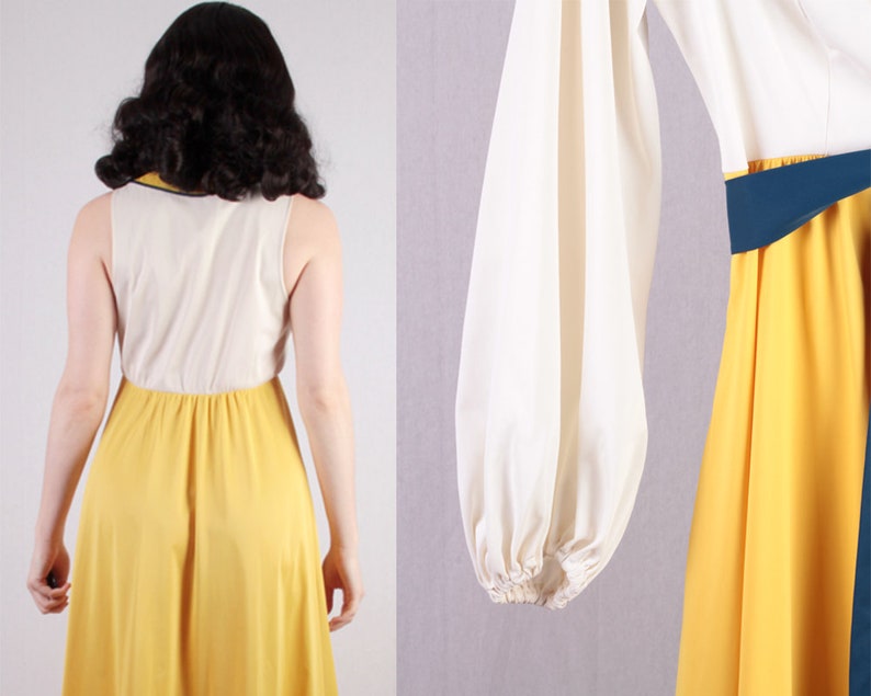 70s Yellow and Blue Peignoir by Vanity Fair princess dapper day Disney bound cosplay bright bold glamour puff sleeves front zip 28 Waist