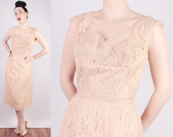 50s Nude Beige Lace Dress by Carlye shelf bust classic sweet timeless romantic special occasion darling 36" bust 26" waist