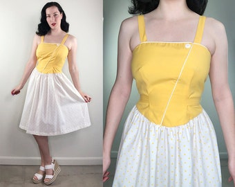 80s Yellow Sundress with Polka Dot details and faux button adorable bright cherry happy summery Size Small