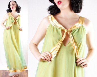 60s Green Nylon yellow gold nightgown by Aristocraft madmen pinup girl nylon satin gold detail layers bright and bold flirty and fun As Is