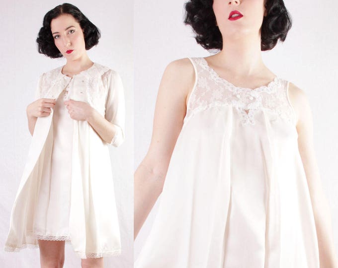 60s Twopiece Ivory and Lace Nightgown Set Baby Doll Nightie Robe