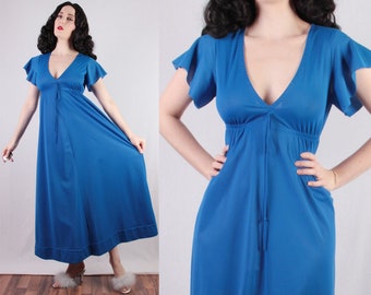 70s Bold Blue Nylon Nightgown deep v sexy sleepwear royal blue sleek soft sultry empire waist goddess dramatic beautiful elastic waist