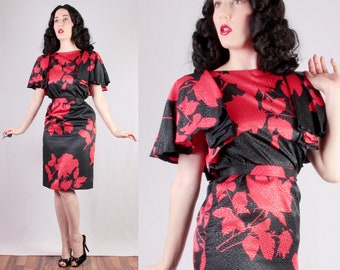 70s 80s Red Rose Print Dress with Dramatic 30s style sleeves gorgeous polyester fabric femme fatale drama Lizzy & Johnny by Lucero Small Med