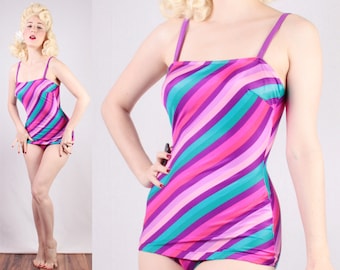 60s Swimsuit Purple Pink Turquoise Bullet Bra Bust pinup girl swimwear stripes candy sweet Barbie sultry nylon spandex one piece Size Small