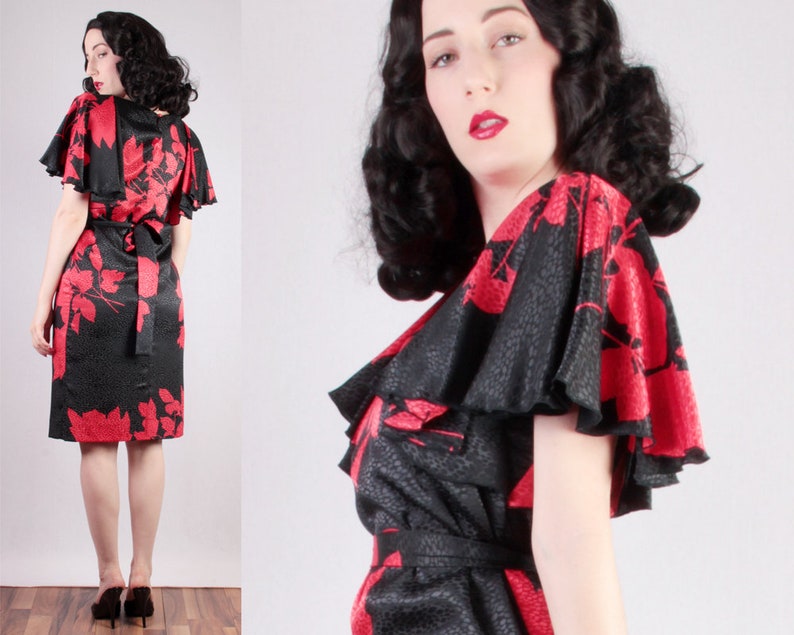 70s 80s Red Rose Print Dress With Dramatic 30s Style Sleeves - Etsy