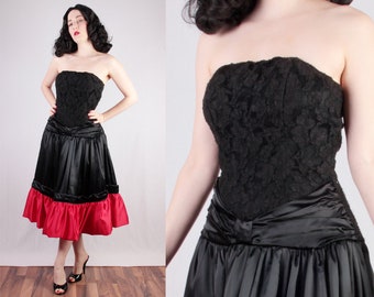 80s Strapless cocktail dress satin and lace bold black and red swing skirt dancing dress vampy femme fatale Scarlett Nite  28" waist