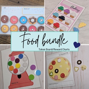 May include: A set of printable food-themed token boards and reward charts. The charts feature images of doughnuts, cupcakes, pizza, and a gumball machine. The text "Food Bundle" and "Token Board/Reward Charts" is visible on the image.
