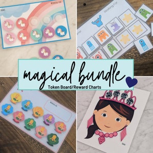 May include: A selection of token boards and reward charts with a magical theme. Designs include unicorns, mermaids, monsters, and a princess. The text "magical bundle" and "Token Board/Reward Charts" are visible.
