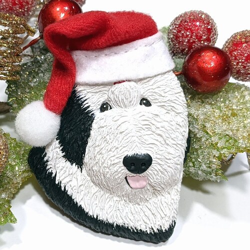Free Personalization Available Hand Painted Old English Sheepdog Christmas or Plain Pin Magnet or Ornament