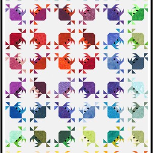 May include: A colorful quilt block pattern featuring 36 crab designs in various colors, including blue, green, red, orange, yellow, and purple. The crabs are made up of patchwork squares and triangles. The quilt block is on a white background. The text "FAITHHandFabricdesign.com" is at the bottom of the image.
