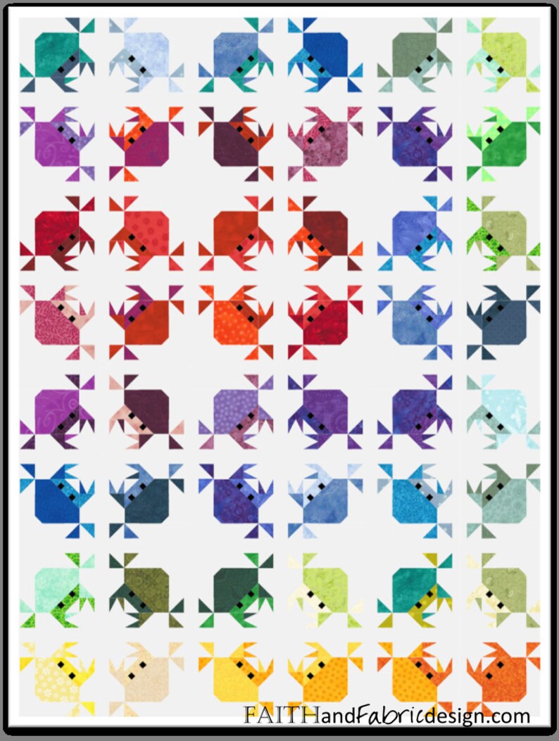 May include: A colorful quilt block pattern featuring 36 crab designs in various colors, including blue, green, red, orange, yellow, and purple. The crabs are made up of patchwork squares and triangles. The quilt block is on a white background. The text "FAITHHandFabricdesign.com" is at the bottom of the image.