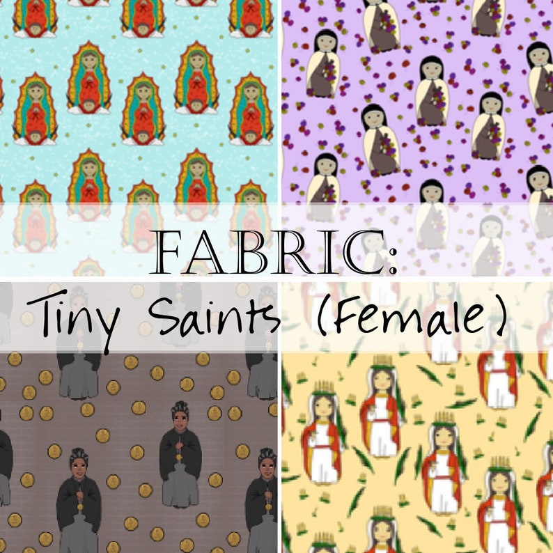 Fabric: Tiny Catholic Saints Female St. Therese Lisieux, Our Lady Rosary, Guadalupe, Bakhita image 1