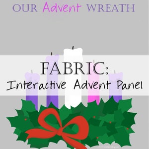 Puede incluir: Una corona de Adviento de tela morada, rosa y blanca con un lazo rojo y hojas de acebo verdes. El texto "FABRIC: Interactive Advent Panel" se muestra en una pancarta blanca.