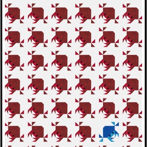 May include: A quilt block pattern featuring a grid of red crabs with one blue crab in the center. The crabs are made of fabric and have a simple, geometric design. The background is white. The text "FAITH Hand Fabric design.com" is at the bottom of the image.