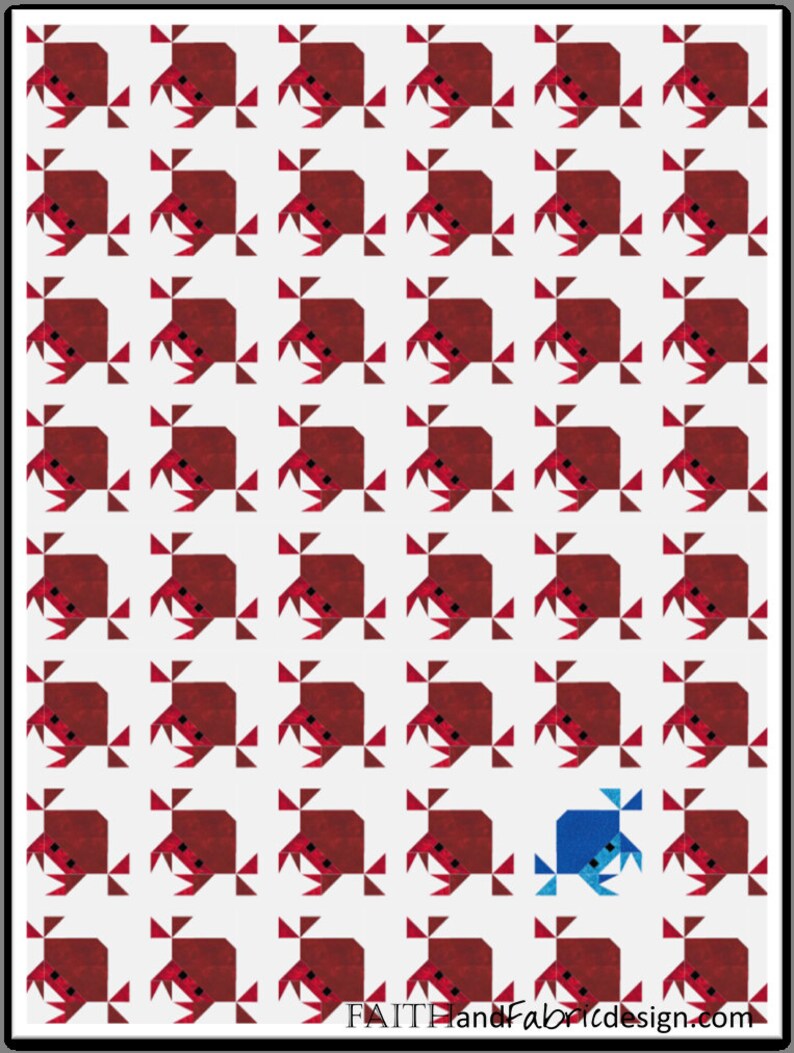 May include: A quilt block pattern featuring a grid of red crabs with one blue crab in the center. The crabs are made of fabric and have a simple, geometric design. The background is white. The text "FAITH Hand Fabric design.com" is at the bottom of the image.