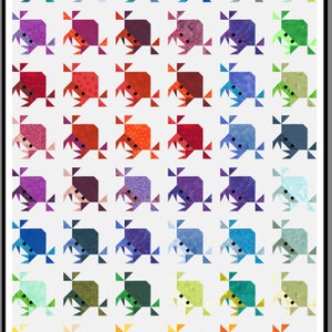 May include: A colorful quilt block pattern featuring a series of crabs in various colors, including teal, blue, purple, red, orange, yellow, and green. The crabs are arranged in rows, with each row featuring a different color. The quilt block is perfect for a nautical themed project.