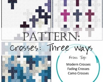 May include: A digital illustration of three different patterns of crosses. The first pattern is a gradient of blue, purple, and black crosses. The second pattern is a gradient of pink, blue, and black crosses. The third pattern is a random arrangement of blue, black, and white crosses. The text "PATTERN: Crosses: Three ways" is written below the patterns. A circle with the text "From Top: Modern Crosses, Fading Crosses, Camo Crosses" is in the bottom right corner.