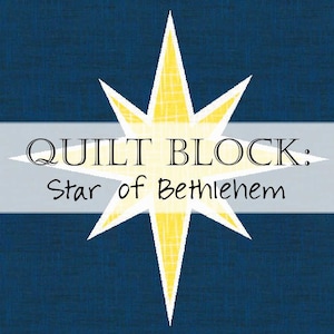 May include: A graphic design featuring a yellow starburst with a white border, set against a blue background. The text "QUILT BLOCK: Star of Bethlehem" is displayed across the center in black lettering.