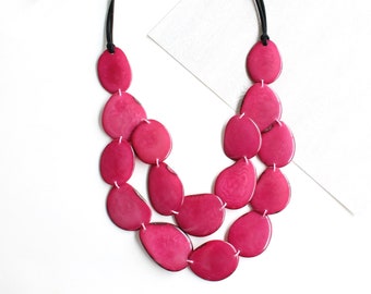 Valentine's gift, pink necklace, Statement necklace, Tagua necklace, layered necklace, Mom wife gift ideas, Bohemian necklace, eco