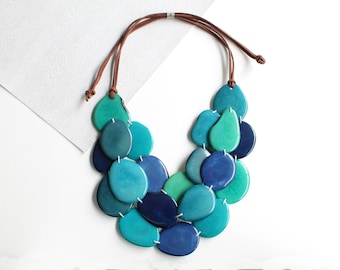 Tagua jewelry gift ideas, blue necklace, Statement necklace, Tagua necklace, layered necklace, Mom wife gift ideas, Bohemian necklace, eco