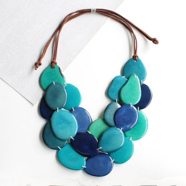 Tagua jewelry gift ideas, blue necklace, Statement necklace, Tagua necklace, layered necklace, Mom wife gift ideas, Bohemian necklace, eco