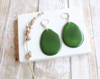 Green Tagua Nut Earrings: Boho Hippie Jewelry, Vegan