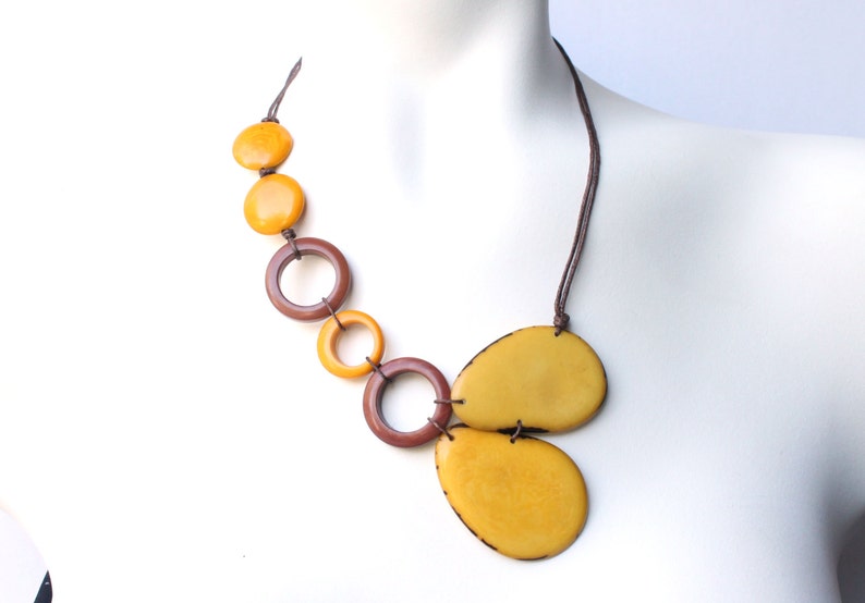 Tagua nut jewelry, Yellow necklace, Statement necklace, Boho necklace, Ecofriendly jewelry, Vegan jewelry, Gift ideas, Vegetable ivory, Eco image 1