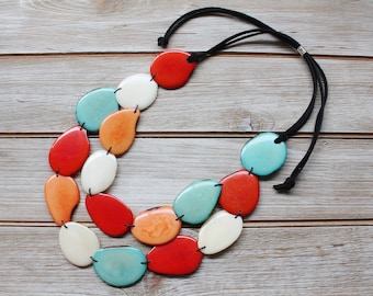 Valentine's gift ideas, white orange necklace, Statement necklace, Tagua necklace, layered necklace, Mom wife gift ideas, Bohemian necklace
