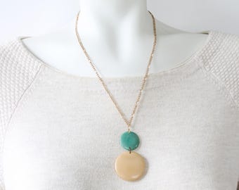 Turquoise Tagua Nut Necklace: Gold Plated Chain, Handmade in Canada