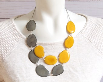 Yellow statement necklace, Tagua necklace, Gift ideas, Boho necklace, Christmas gift ideas, Vegetable ivory, Beaded Fair trade jewelry