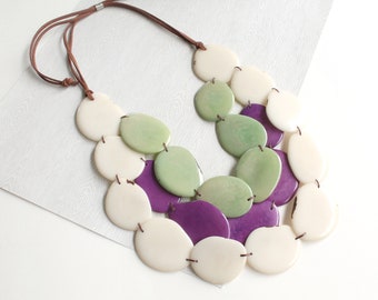 Tagua Nut Statement Necklace: Purple, White & Mint Bohemian Bib Necklace