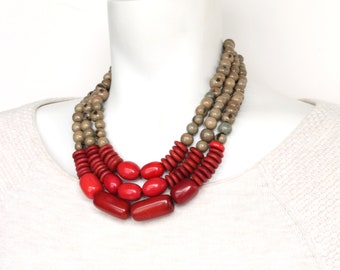 Mother's day gift, Red Gray necklace, Statement necklace, Tagua necklace, layered necklace, Mom wife gift ideas, Bohemian necklace, tagua