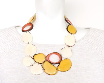 Yellow Tagua Necklace, Valentine's day gifts, Statement Bib Necklace, Daughter gift, Bold Jewelry, Beaded unique necklace, Summer necklace