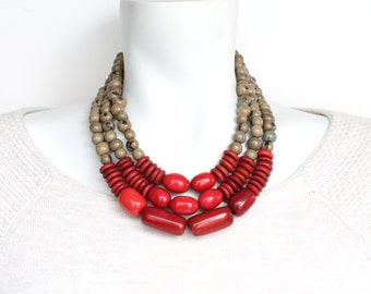 Red Gray Tagua Necklace: Bohemian Statement Jewelry, Handmade in Canada