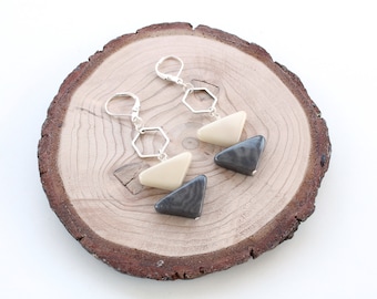 White/gray triangle Tagua Nut Earrings, Gift for mom, Wife-Girlfriend gift ideas, 925 sterling silver earrings, Boho Jewelry, geometric
