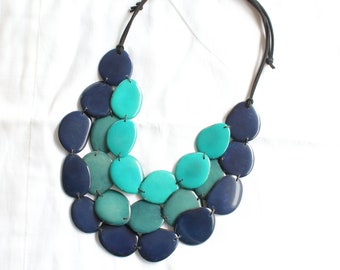 Blue Tagua Necklace: Bohemian Layered Bib Necklace, Vegan Suede