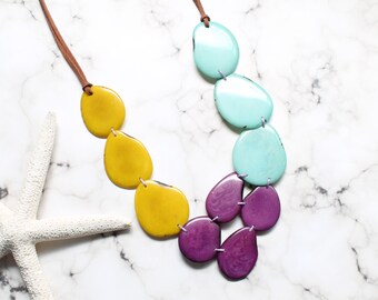 Multicolor Tagua Nut Statement Necklace: Bohemian Vegan Suede Jewelry