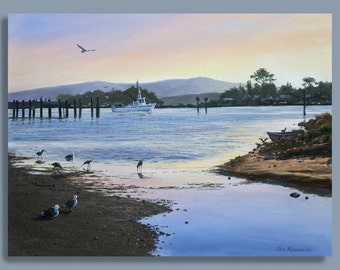 Bodega Bay Painting, Gulls & Sandpipers, California Coast, Giclee Print, Fishing Boats
