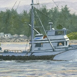 May include: An oil painting of a white fishing boat, the "Candia", sailing on the water. The boat has a blue hull and a white cabin. The background features a shoreline with green trees and a cloudy sky.