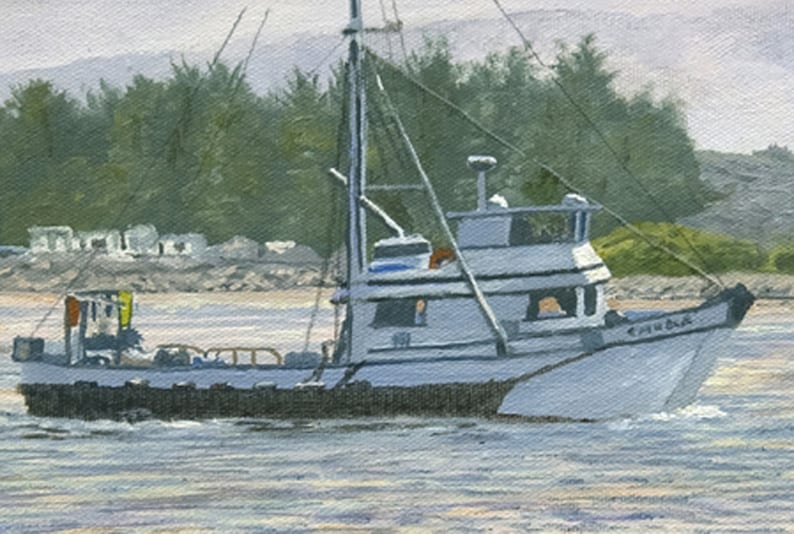 May include: An oil painting of a white fishing boat, the "Candia", sailing on the water. The boat has a blue hull and a white cabin. The background features a shoreline with green trees and a cloudy sky.