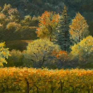May include: An oil painting depicting a vineyard in autumn. The foreground shows rows of golden grapevines. Behind the vines are trees with yellow, orange, and green foliage. The background shows a dark green forest and a glimpse of a field.