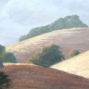 May include: A painting of a rolling hillside with green trees and a cloudy sky. The hillside is covered in brown and yellow grass.