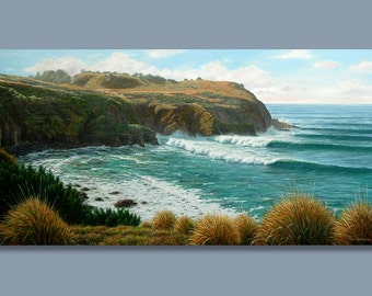 Oil Painting Salt Point, Ocean Cliffs, Sonoma Coast Print, Surfing Waves, "Pipe Dreams"