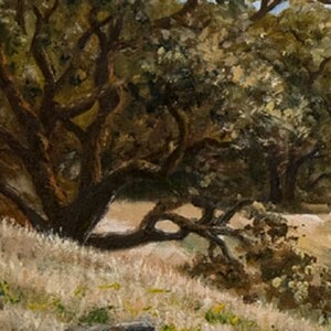 May include: A painting of a forest scene with a large oak tree in the foreground. The tree has thick branches and a dark brown trunk. The background is a blur of green and brown foliage.