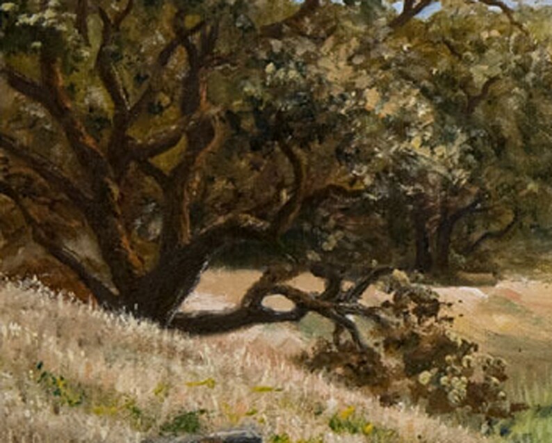 May include: A painting of a forest scene with a large oak tree in the foreground. The tree has thick branches and a dark brown trunk. The background is a blur of green and brown foliage.
