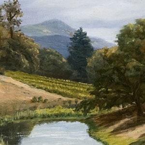 May include: A painting of a landscape with a small pond in the foreground, surrounded by green trees and hills. The sky is a light blue with some clouds.