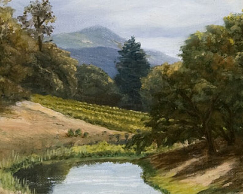 May include: A painting of a landscape with a small pond in the foreground, surrounded by green trees and hills. The sky is a light blue with some clouds.